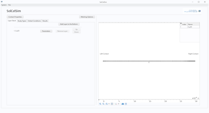 Ein Screenshot der Simulations-App SolCelSim mit dem geöffneten Tab Layer Stack und den Standardeinstellungen für den Schichtnamen und die angezeigten Parameter.