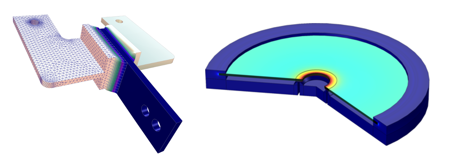 Side-by-side simulation results showing the mesh and displacement of a viscoelastic structural damper and a piezoelectric valve.