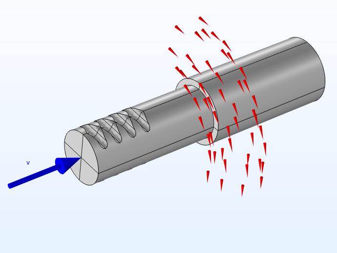 A model of a ferrous workpiece moving through an induction coil.