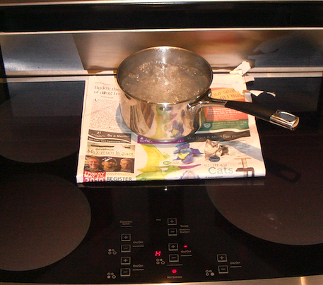 Une photographie d'une plaque de cuisson à induction faisant bouillir de l'eau dans une casserole.