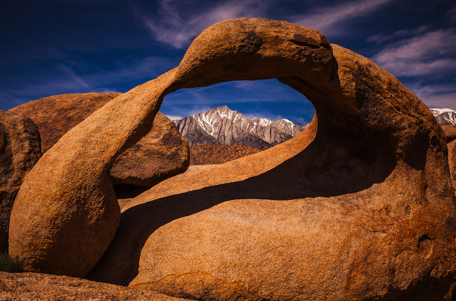 A photograph of the Mobius Arch rock formation in Inyo County, California.