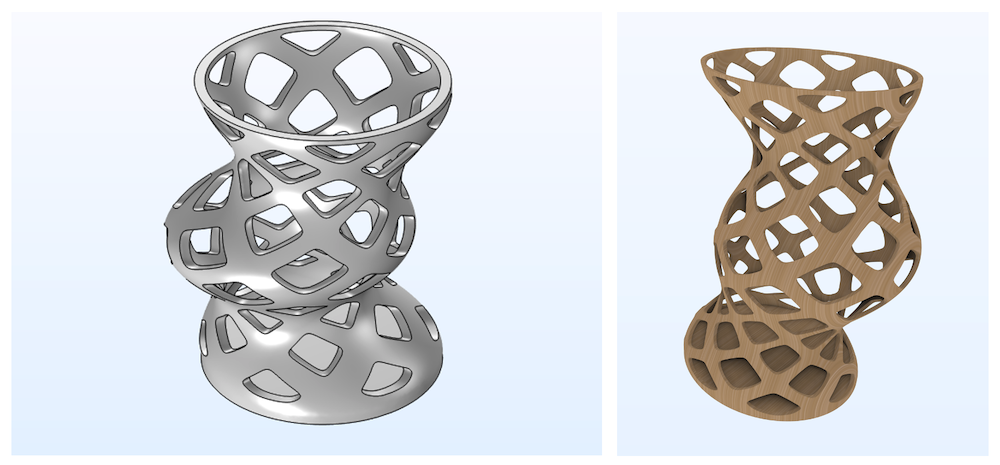 Side-by-side images of the optimized pencil holder design in COMSOL Multiphysics, with STL export rendering shown on the left and a wood texture shown on the right.