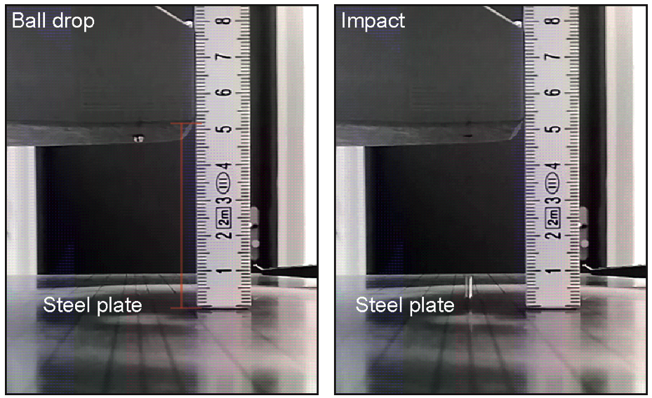 Two side-by-side images showing a ball drop test .” width=