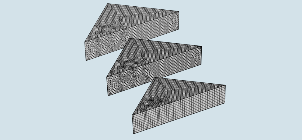 Three triangular meshes that display progressive steps in the optimization process.
