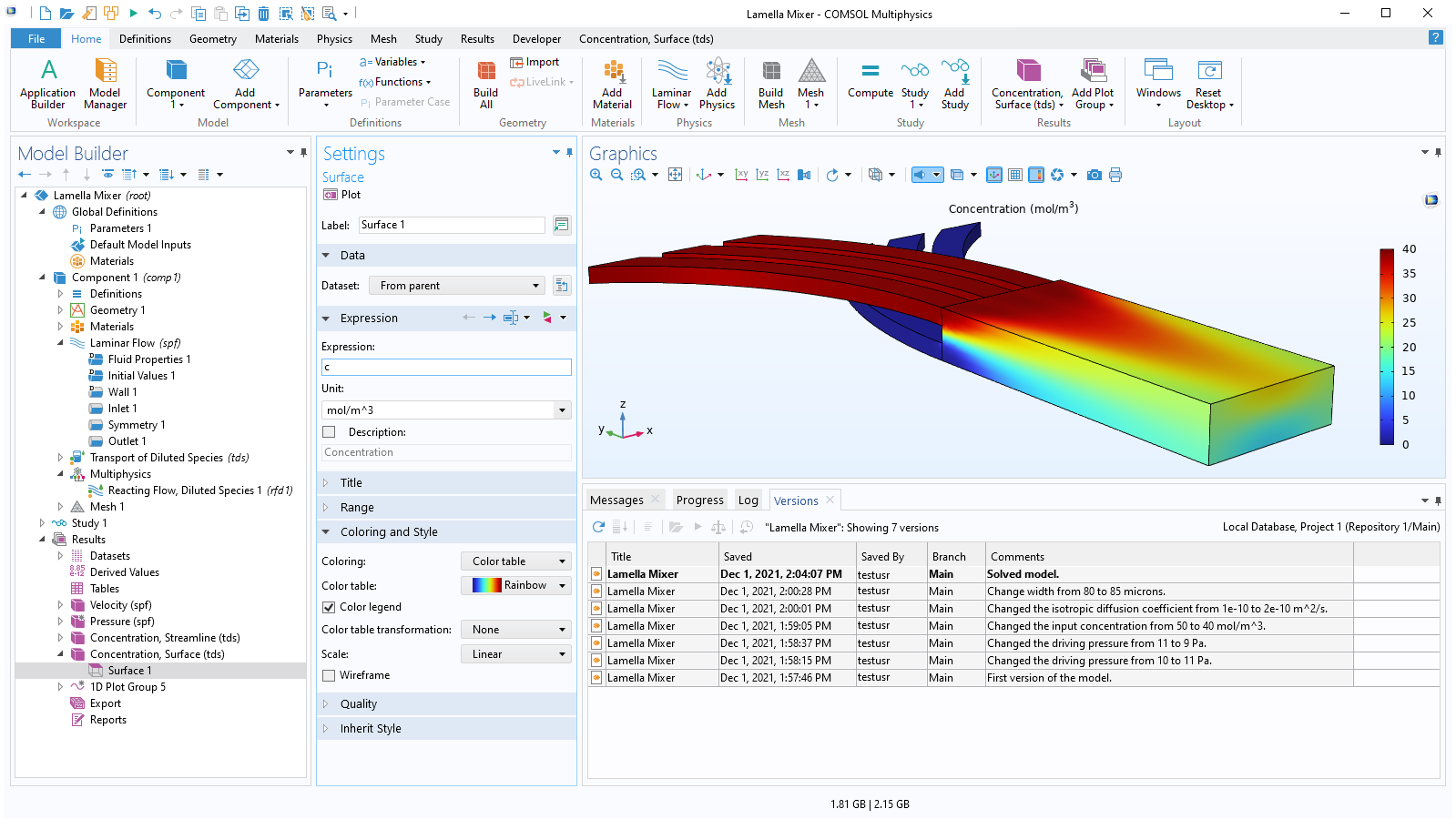 The COMSOL Multiphysics user interface showing a mixer model in the Graphics window and a list of the different versions of the model.