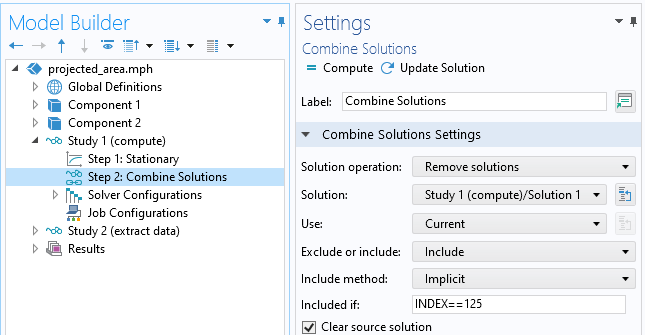 A screenshot of a Settings window displaying the Combine Solutions feature, which is used to keep the last solution in the sweep.