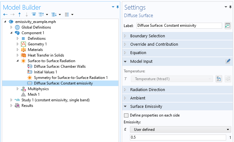 A screenshot of a Settings window showing the Diffuse Surface feature defining a constant emissivity of the part.