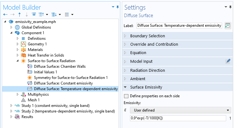 A screenshot of a Settings window showing the Diffuse Surface feature with a temperature-dependent emissivity.