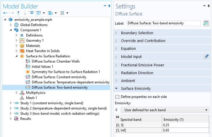 A Settings window displaying the Diffuse Surface feature defining two-band emissivity.