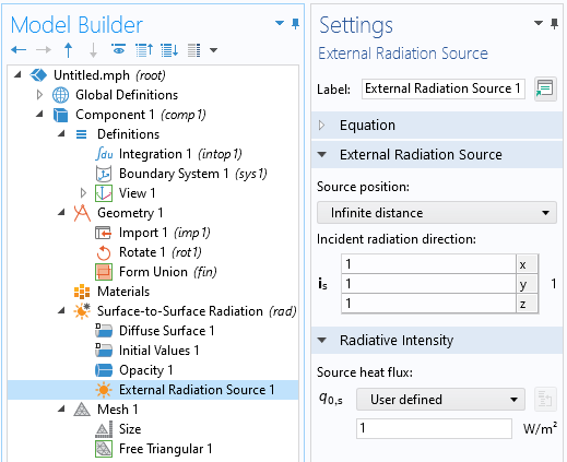 A screenshot of a Settings window showing the External Radiation Source feature.