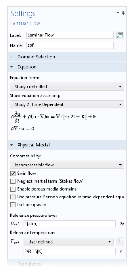 A screenshot of the Settings window open to the Swirl Flow check in the Physical Model section of the Laminar Flow interface.