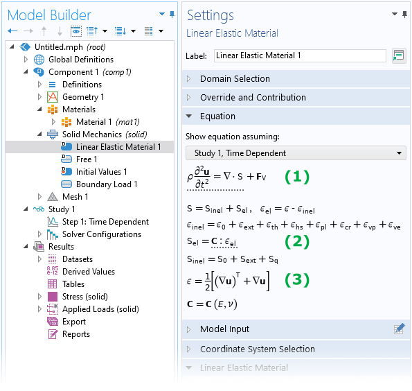 A screenshot of the Settings window showing the Equation section of the Linear Elastic Material node defining the linear elastic constitutive equation and the definition of the engineering strain.
