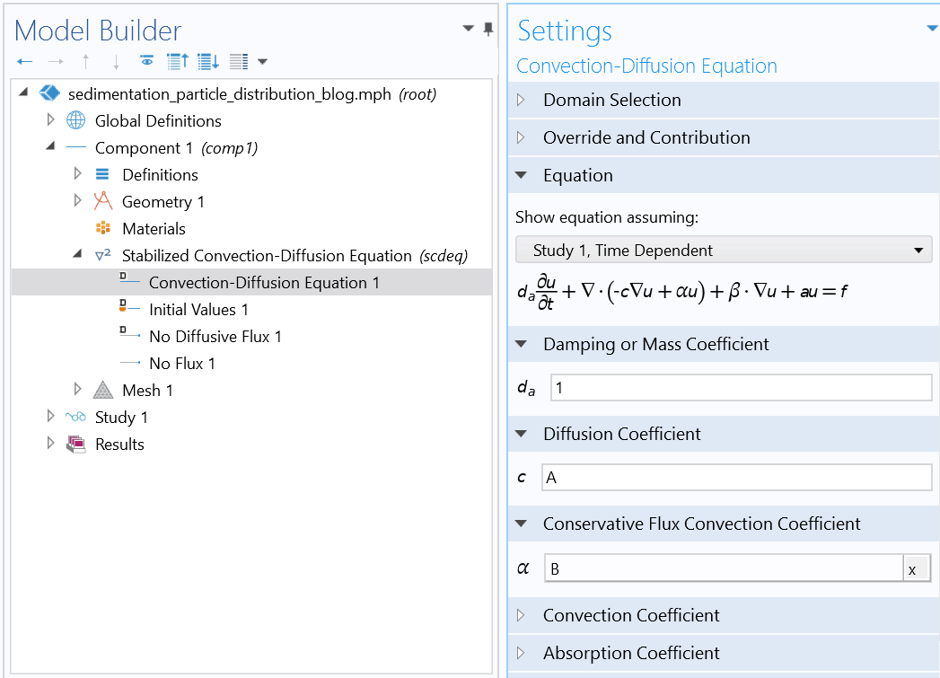 A screenshot of the settings for the Convection-Diffusion Equation 1 within the Convection-Diffusion Equation interface.