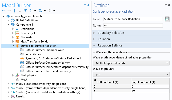 A screenshot of a Settings window displaying the Multiple Spectral Bands setting in the Surface-to-Surface Radiation interface.