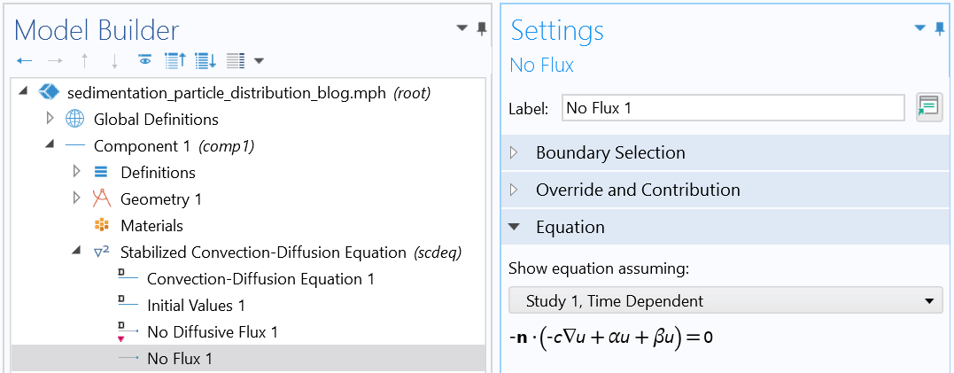 A screenshot of the settings for the No Flux 1 within the Stabilized Convection-Diffusion Equation interface.