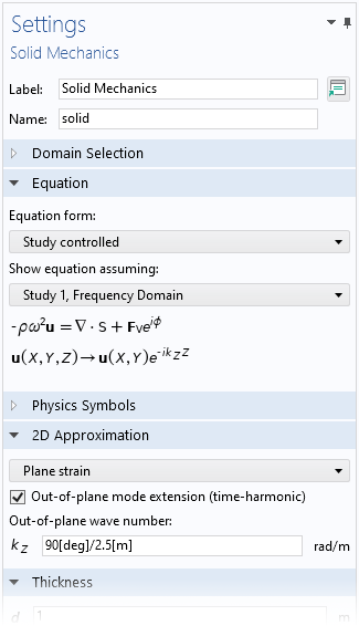 A screenshot of the Settings window open to the Out-of-plane mode extension check box in the 2D Approximation section in the Solid Mechanics interface.