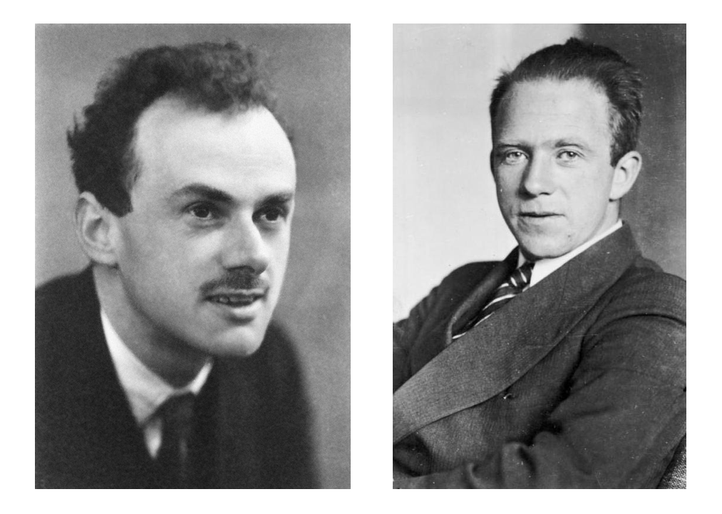 Two side-by-side images of Paul Dirac (left) and Werner Heisenberg (right).