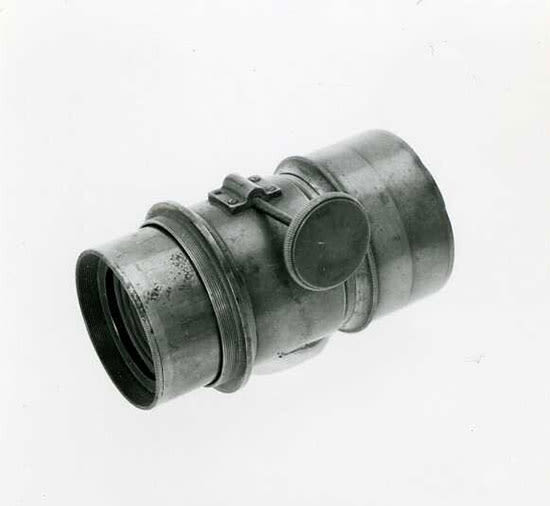 A black-and-white photo of a Petzval lens assembly housing.