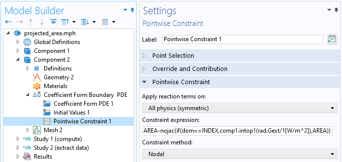 A screenshot of a Settings window showing the Pointwise Constraint feature within the Coefficient Form Boundary PDE interface.