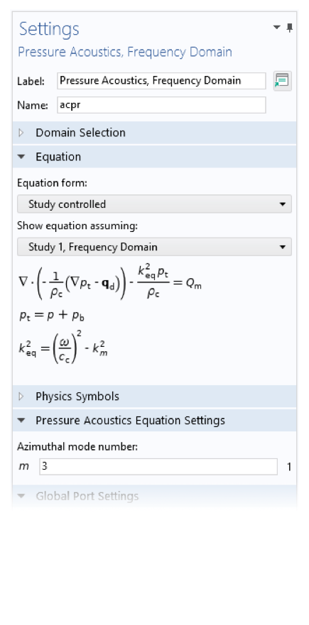 A screenshot of the Settings window open to the Azimuthal mode number check box in the Pressure Acoustics Equations Settings section of the Pressure Acoustics, Frequency Domain interface.