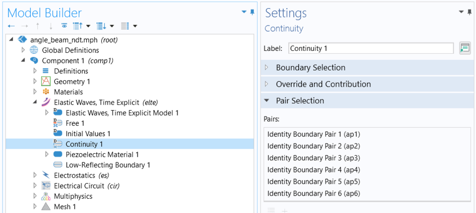 A closeup view of the COMSOL Multiphysics UI showing the Model Builder with the Continuity node selected and the corresponding Settings window with the Pair Selection section expanded, revealing six identity boundary pairs.