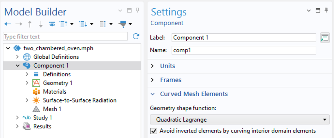 A closeup view of the COMSOL Multiphysics UI showing the Component 1 node highlighted and the corresponding Settings window with the Curved Mesh Elements section expanded.