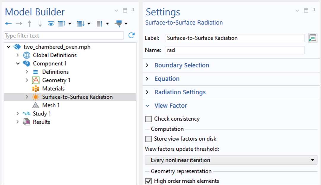 A closeup view of the COMSOL Multiphysics UI showing the Surface-to-Surface Radiation interface highlighted and the corresponding Settings window with the View Factor section expanded.