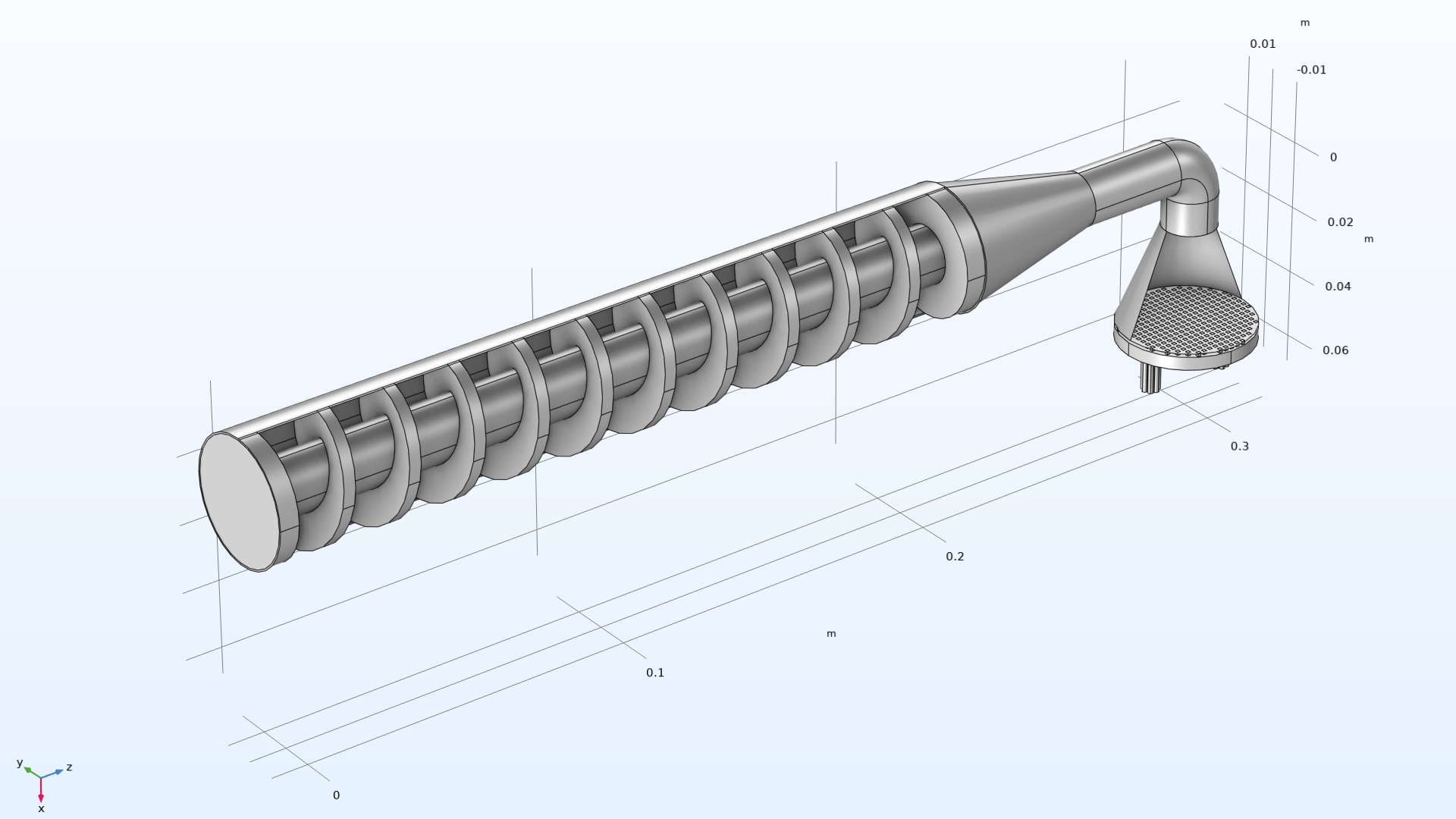 The geometry of a pasta extruder model that has metal blades spiraling around the center rod, and a nozzle at the right end.