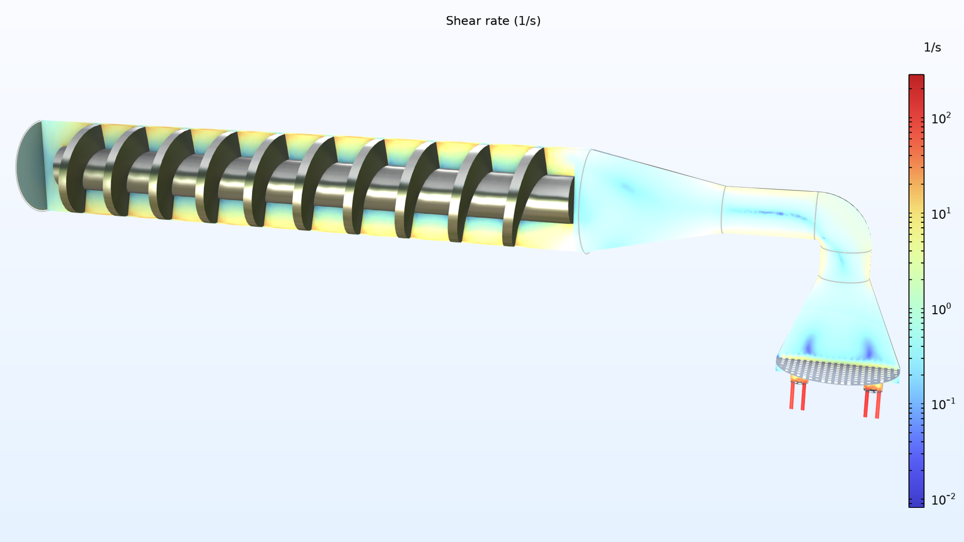 A pasta extruder model showing the shear rate in rainbow, where the end of the model is dark green; the middle is yellow, green, and blue; and the nozzle is primarily a light, near-transparent blue.