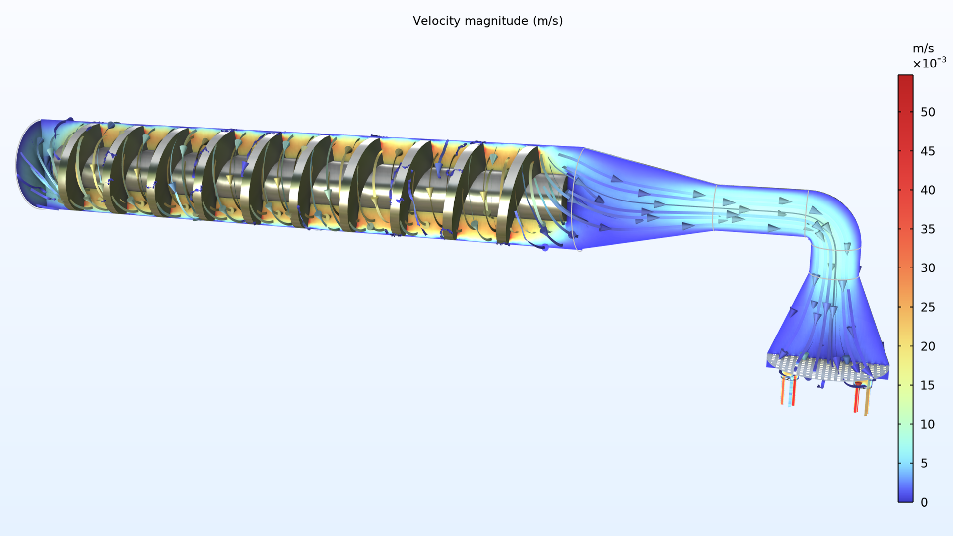 A pasta extruder model showing the velocity profile in rainbow, where the left end of the model is dark blue; the middle is yellow, orange, and blue; and the neck of the nozzle is light blue, but the base and end are dark blue.