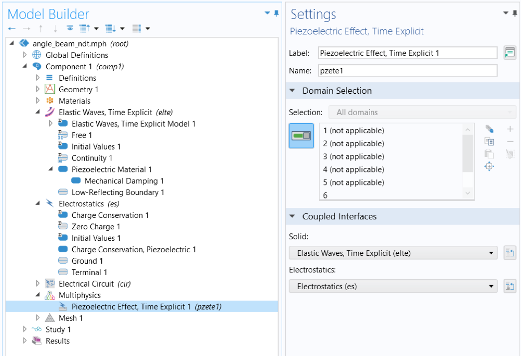 A closeup view of the COMSOL Multiphysics UI showing the Model Builder with the Piezoelectric Waves, Time Explicit interface highlighted and the corresponding Settings window with the Domain Selection and Coupled Interfaces sections expanded.