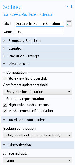 A screenshot of the Surface-to-Surface Radiation interface Settings window defining the View Factor, Jacobian Contribution, and Discretization options.