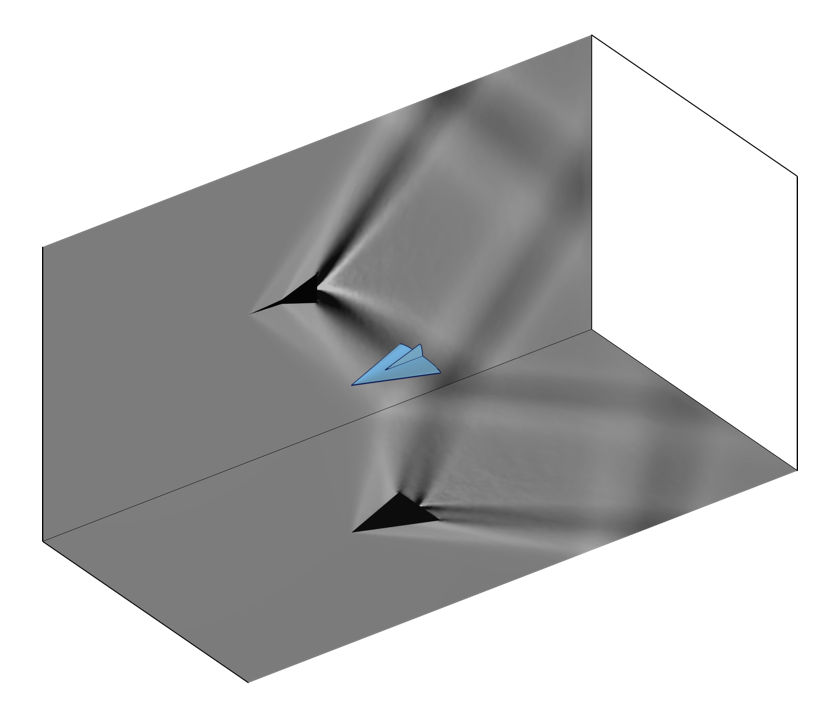 A 3D model depicting a blue paper airplane in a wind tunnel.