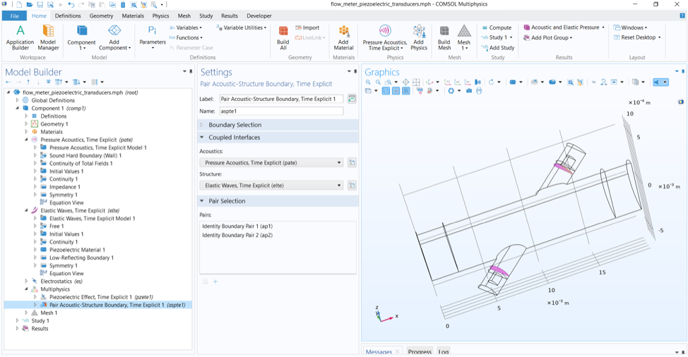 The COMSOL Multiphysics UI showing the Model Builder with the Pair Acoustic-Structure Boundary, Time Explicit node selected, the corresponding Settings window, and an ultrasonic flowmeter model in the Graphics window.