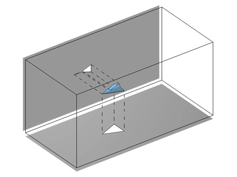 A 3D model of the outline of a box with a blue paper airplane inside, and lines to show the flow around it.