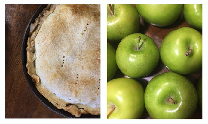 Two side-by-side images of an apple pie made with Granny Smith apples (left) and several Granny Smith apples (right).