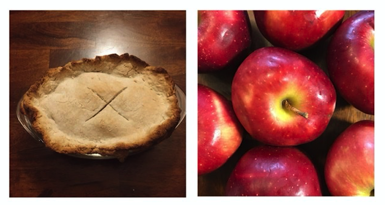 两张并排的图片是一个苹果派，由红色美味的苹果（左）和几个红色美味的苹果（右）做成。