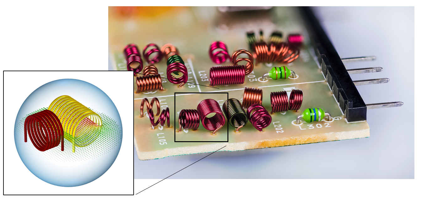 An image of an electrical component that contains several air-core inductors, featuring a closeup view of 2 of the inductors being modeled.