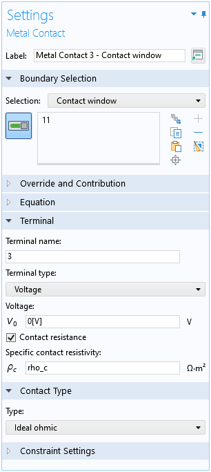 A screenshot of the Settings window for the Metal Contact boundary condition with the Boundary Selection, Terminal, and Contact Type sections expanded.