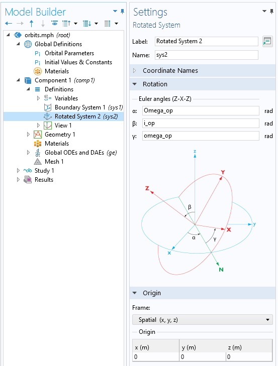 A closeup view of the COMSOL Multiphysics UI showing the Model Builder with the Rotated System feature highlighted and the corresponding Settings window with the Rotation and Origin sections expanded.