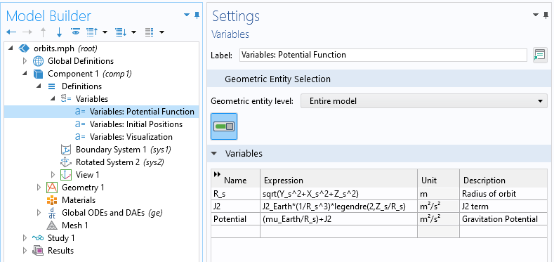 A closeup view of the COMSOL Multiphysics UI showing the Model Builder with Variables: Potential Function highlighted and the corresponding Settings window with the Variables section expanded.