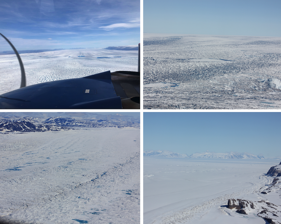 A collage with four photos, which each show different parts of the Nioghalvfjerdsbræ glacier.