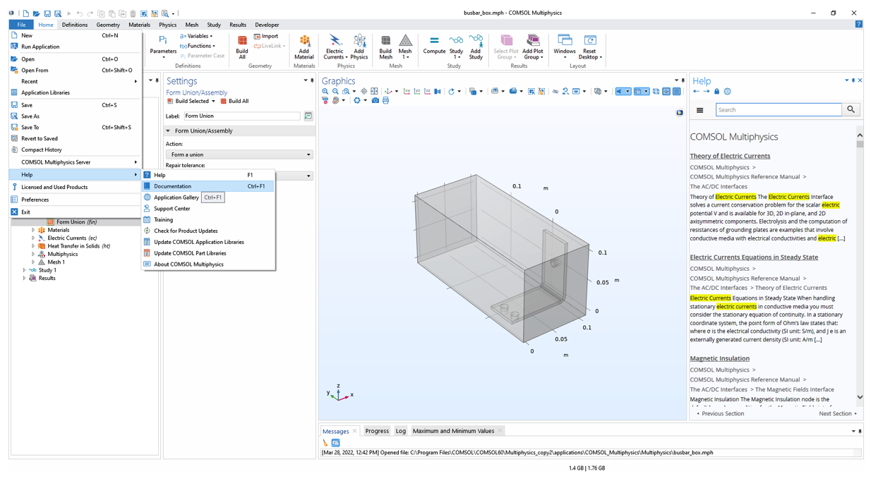 A screenshot of the COMSOL Desktop featuring a model of a busbar in a box in the Graphics window with the Help window open on the right-hand side. On the left, the image features instructions on how to find the model documentation.