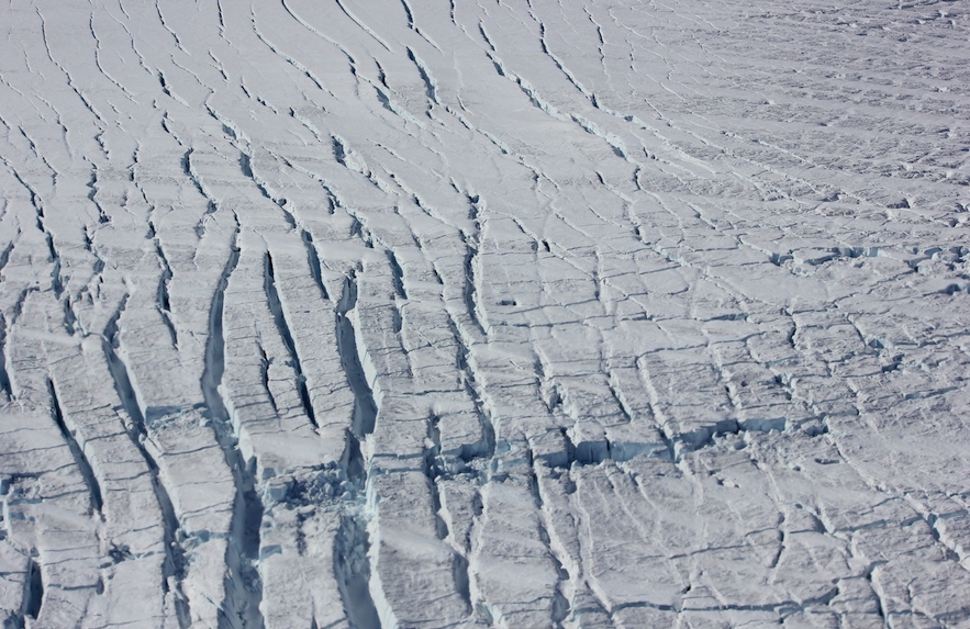 A close-up image of the cracks in the Nioghalvfjerdsbræ glacier.