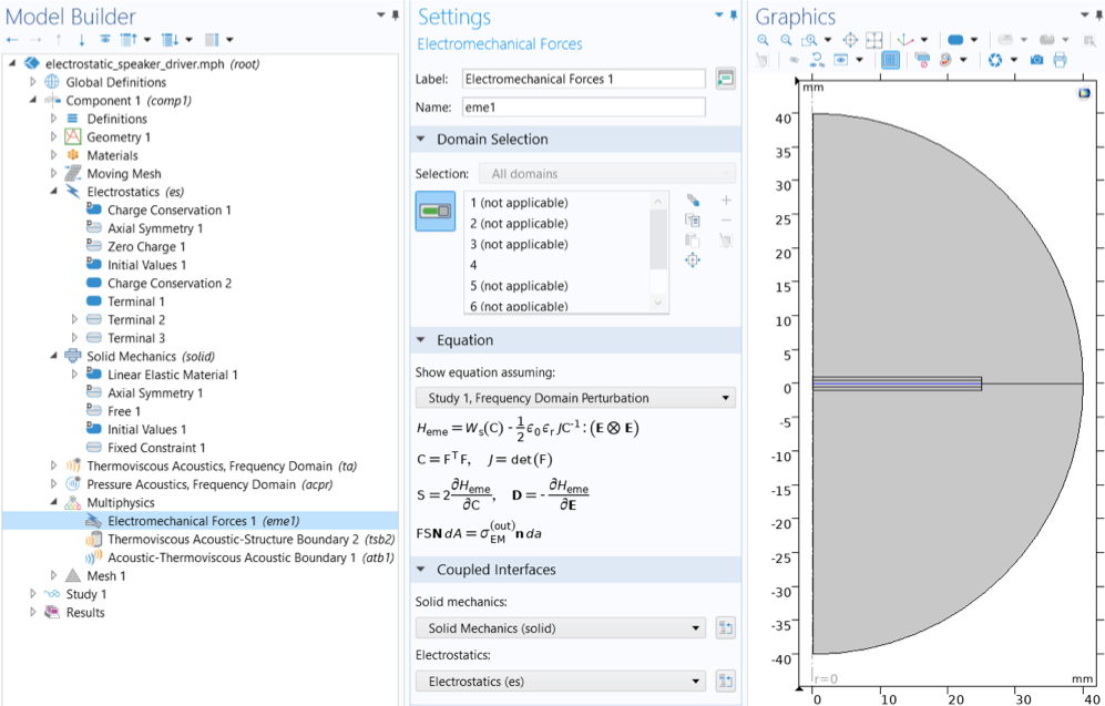 The COMSOL Multiphysics UI showing the Model Builder with the Electromechanical Forces feature selected, the corresponding Settings window, and a model of the vibration of an electrostatically actuated diaphragm in the Graphics window.
