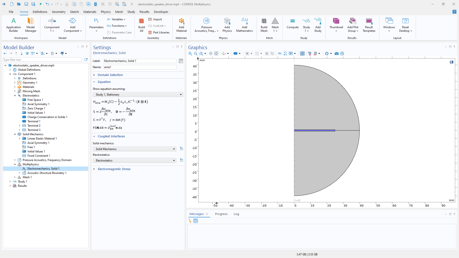 The COMSOL Multiphysics UI showing the Model Builder with the Electromechanics, Solid feature selected, the corresponding Settings window, and a model of the vibration of an electrostatically actuated diaphragm in the Graphics window