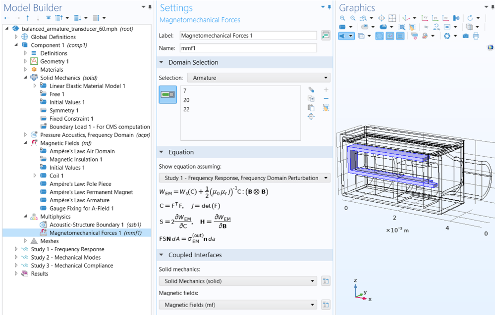 The COMSOL Multiphysics UI showing the Model Builder with the Magnetomechanical Forces feature selected, the corresponding Settings window, and a full vibroelectroacoustic simulation of a balanced armature transducer in the Graphics window.