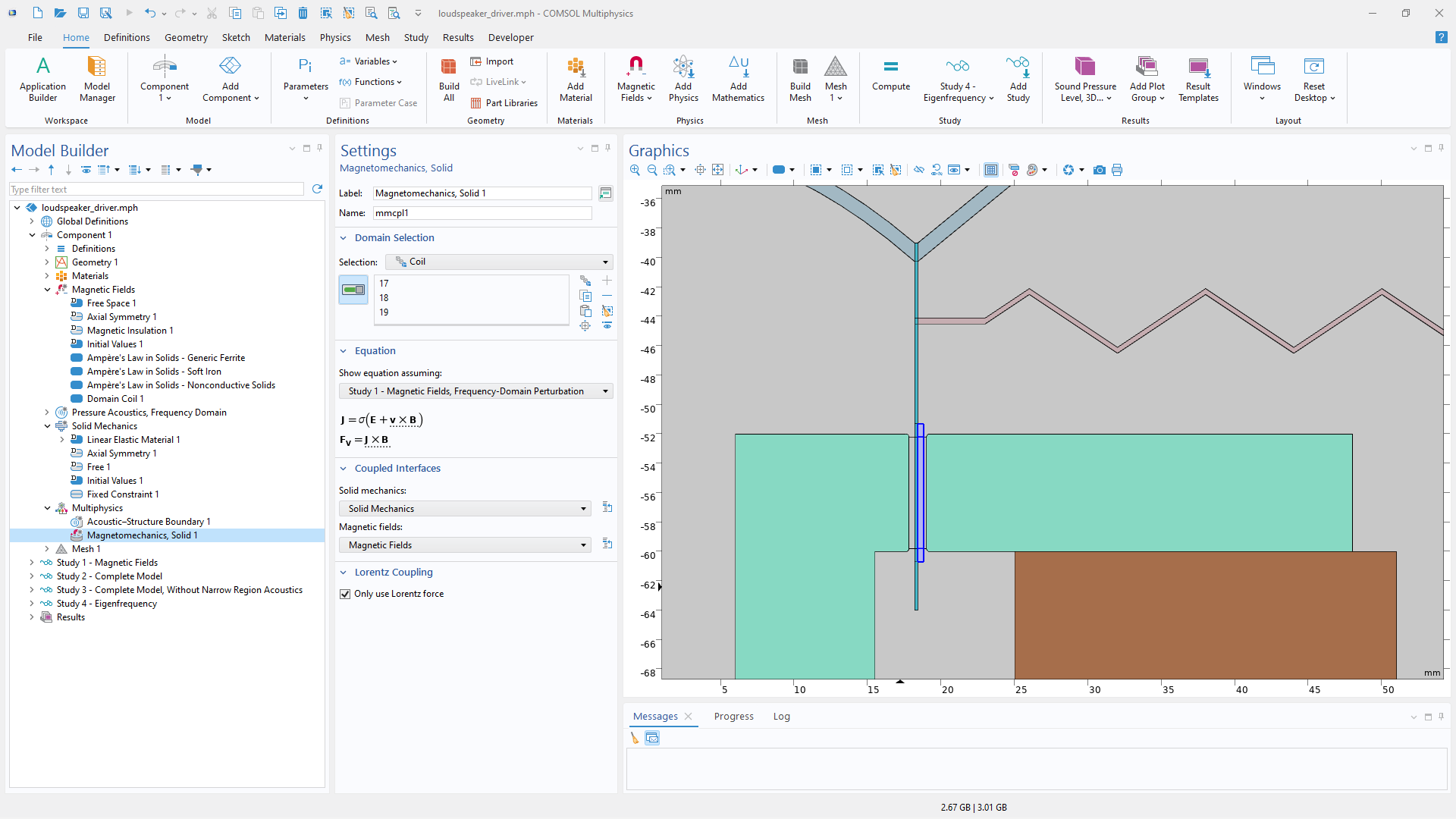 The COMSOL Multiphysics UI showing the Model Builder with the Magnetomechanics, Solid feature selected, the corresponding Settings window, and a dynamic moving-coil transducer model in the Graphics window.