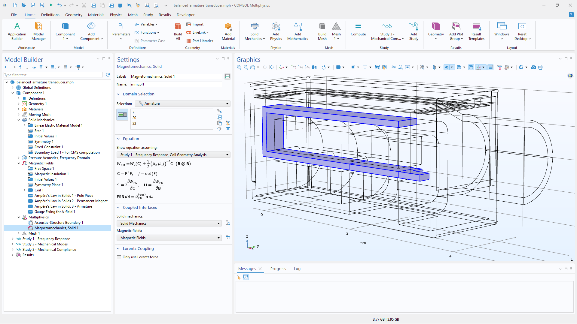 The COMSOL Multiphysics UI showing the Model Builder with the Magnetomechanics, Solid feature selected, the corresponding Settings window, and a full vibroelectroacoustic simulation of a balanced armature transducer in the Graphics window.