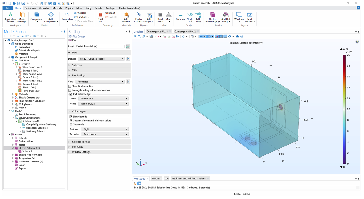 Part 1 of the course introduces the COMSOL Desktop®, demonstrated here by the Model Builder workspace, displaying the model tree, Settings window, and Graphics window. 